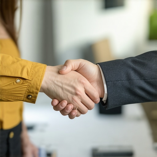 Couple shaking hands after mediation, representing collaborative divorce resolution.