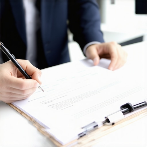 Lawyer discussing legal documents with a client in an office setting.