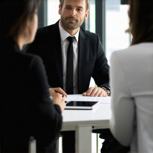 Expert Legal Consultation in Divorce Proceedings Lawyer advising client on divorce legal strategies in an office.