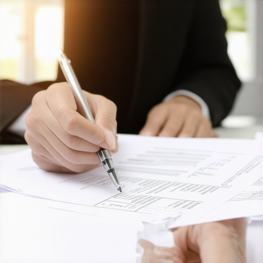Lawyer analyzing financial documents with clients in an office setting.