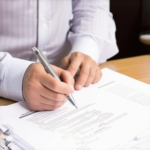 Lawyer discussing legal strategies with client over documents.
