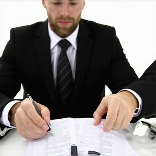 Lawyer discussing legal documents with client in a professional office.