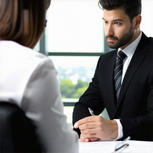 Lawyer and client discussing legal strategy for a quick divorce in an office environment.