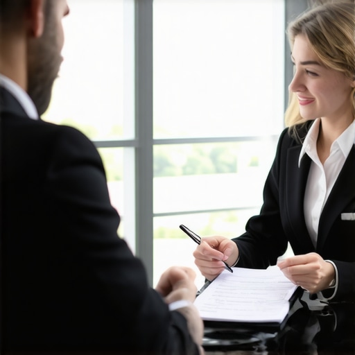Lawyer and client discussing legal documents in an office