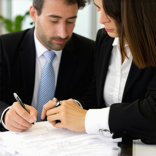 A lawyer and client discussing divorce paperwork in an office.