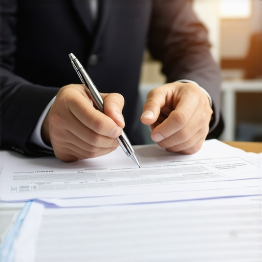 Attorney discussing divorce paperwork with client in legal office.