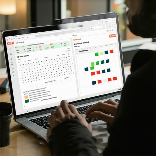 Legal Case Management Tools in Action A workspace with a laptop, legal documents, and digital tools for managing divorce cases.
