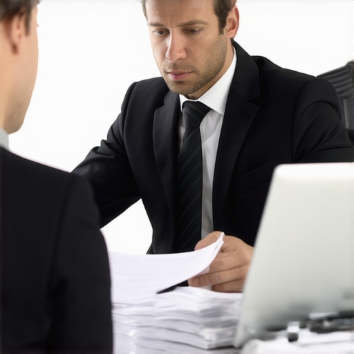 Lawyer guiding client through divorce documents in office.