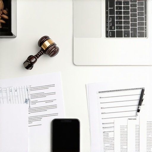 Modern Legal Workspace for Divorce Cases A contemporary workspace showing a laptop, legal files, and a smartphone, illustrating efficient management for divorce proceedings.