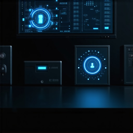 Advanced Digital Security Setup for Divorce A modern workspace featuring biometric authentication devices, encrypted storage, and cybersecurity tools