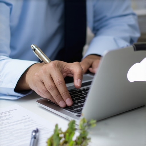 Person organizing digital evidence on a laptop with legal documents
