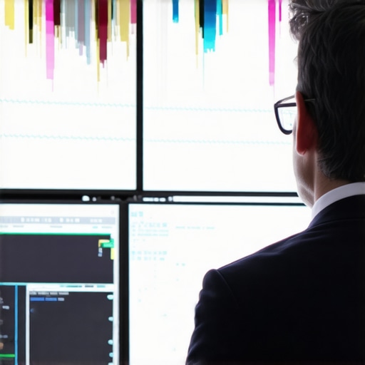 Analyst investigating AI-generated audio evidence with multiple monitors.