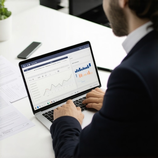 Efficient Divorce Lawyer at Work Lawyer managing case files and legal software on a laptop in an office