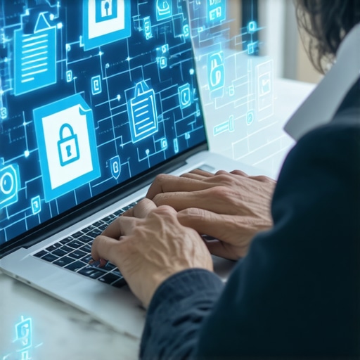 Person managing digital legal documents securely on a laptop with cybersecurity icons in background.
