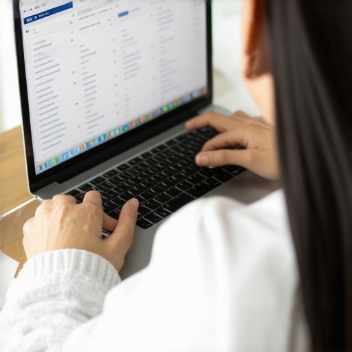 A person managing digital files and legal tools on a laptop in a modern workspace
